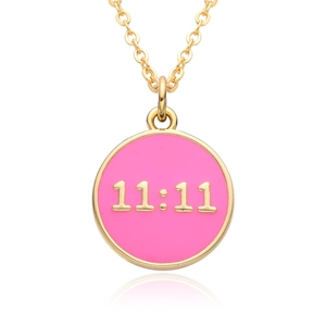 18K gold plated necklace with round pink enamel 11:11 lucky number pendant on white background