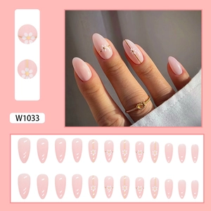 Pink almond fake nails with white daisy floral art and gold line accents, 24 piece set
