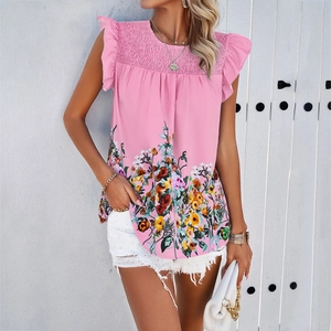 Pink sleeveless floral print top with ruffle sleeves and pleated round neckline for women