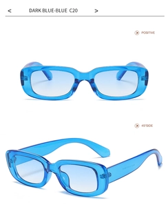 Macro view showing the dark blue transparent rectangular sunglasses from two angles