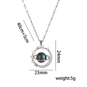 Silver stainless steel star and moon pendant necklace with blue galaxy enamel detail