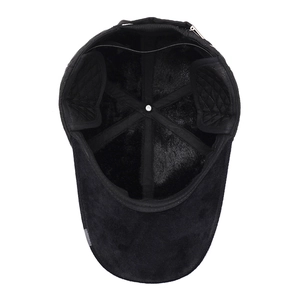 Black corduroy winter baseball cap with thick faux fur lining and earflaps for men