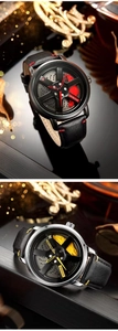 Close-up of automotive wheel rim design quartz watches with leather straps and red calipers