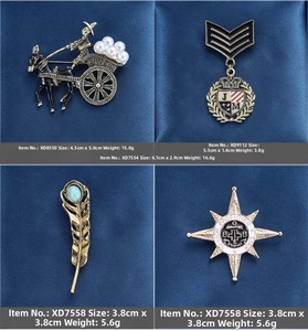 Detail view of vintage Baroque brooches including carriage, badge, and feather styles