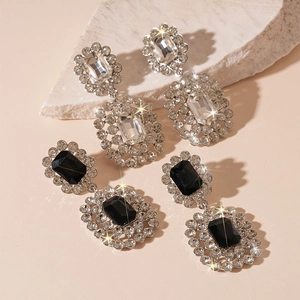 Luxury silver needles rectangular rhinestone drop earrings in white and black crystals