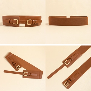 Detailed views of brown elastic wide belt with golden double buckle and PU leather accents
