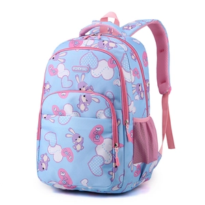 Blue school backpack for girls with cartoon purple rabbit prints and pink mesh side pockets