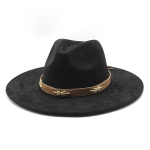 Detail of black wool fedora with brown leather band and cross-stitch decorative sewing