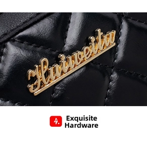 Detail shot of black quilted faux leather with gold Huiweitu metal logo hardware
