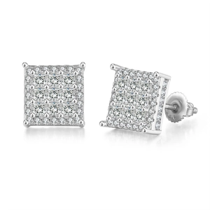 Detailed macro view of square S925 silver stud earrings with screw backs and cubic zirconia
