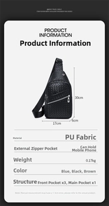 Detailed size chart for men's woven PU chest bag with dimensions and structure
