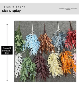 Size display showing artificial willow branch length and various colors on grey felt