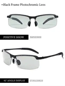 Detail view of photochromic polarized sunglasses with black frames and light grey lenses