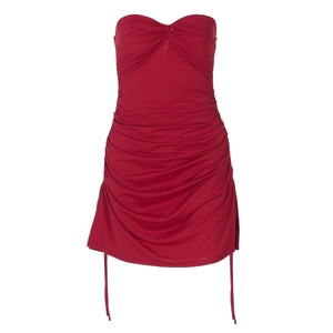Detail of dark red strapless dress with twisted knot neckline and ruched drawstring sides