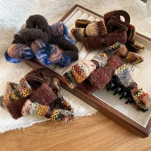 Winter flocking bow hair claw clips in vintage tweed and velvet texture for women