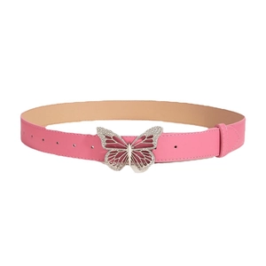 Pink faux leather belt for women featuring a sparkling silver butterfly rhinestone buckle