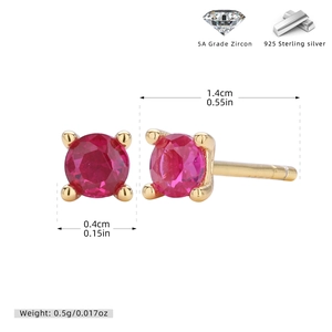 Detailed macro view showing red zircon stone dimensions and 925 silver stud earring specs