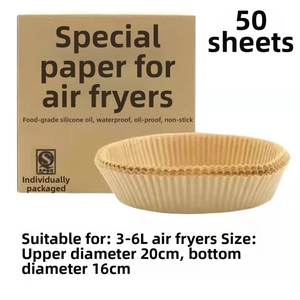 Close-up of 50pcs greaseproof parchment paper liners for 3-6L air fryers in packaging