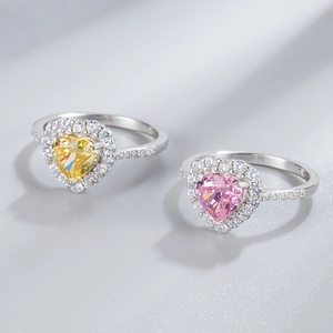 925 silver heart rings with yellow and pink high carbon stones in diagonal view