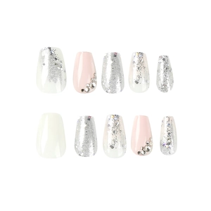 Pink and white coffin press-on nails with silver glitter and rhinestone accents