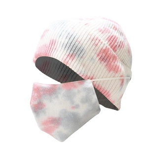 Winter tie-dye knitted beanie and face mask set in pink, white and grey colors
