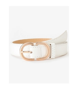 Detailed close-up of white leather belt with polished gold double-D buckle and litchi texture