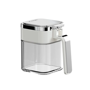 Modern square transparent seasoning jar with white and silver lid on white background