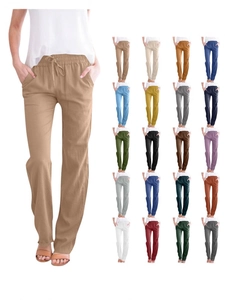 Women Cotton Linen Pants Drawstring Loose Casual Wide Leg Trousers With Pockets Solid Color Comfort Spring Summer