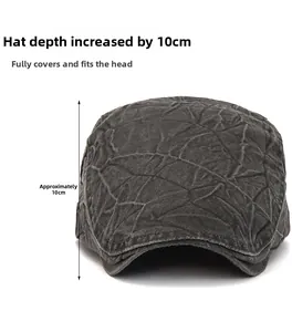 Detail view of the 10cm deep retro dark grey flat cap with pleated cotton texture