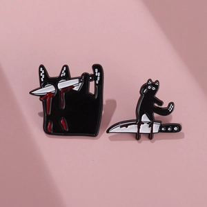 Funny black cat pins with knife and red stains, Halloween enamel badges for clothing