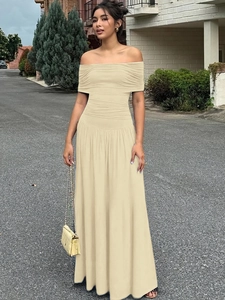 Damen Off Shoulder Maxi Kleid Gerafft Eng Anliegend Einfarbig Ärmellos Lang Sommer Elegant Bodycon Kleider