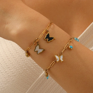 Butterfly Charm Bracelet 18K Gold Plated Stainless Steel With Shell Blue Crystal Rhinestone Elegant Jewelry For Women