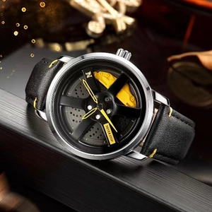 Men's sports watch with black wheel hub dial, yellow brake caliper and leather strap