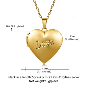 Detailed dimensions of 18K gold plated 316L stainless steel Love heart locket pendant