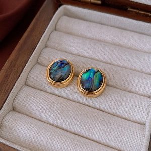Detailed close-up of 18K gold plated oval earrings with iridescent abalone shell inlay
