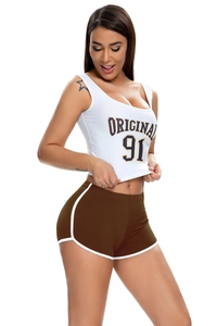 Detail shot of women's white tank top with 'ORIGINAL 91' print and brown yoga shorts