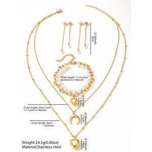 Detailed dimensions of gold jewelry set with moon and heart charms on white background
