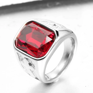 Men's silver stainless steel ring featuring a large rectangular red ruby zircon stone