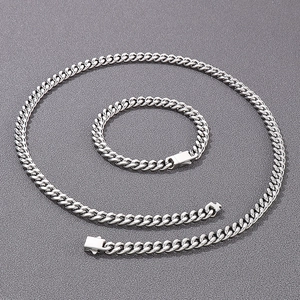 Ensemble collier et bracelet maille cubaine en acier inoxydable poli pour homme