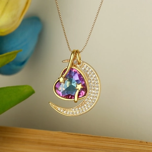 18K gold plated necklace featuring a crescent moon with zircon and purple heart pendant