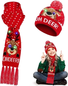 Ensemble bonnet et écharpe de Noël à LED rouge avec motifs de renne et de flocon de neige