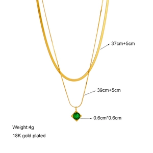 Double-layered 18K gold plated necklace with square green gemstone pendant and snake chain
