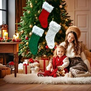 Three large plush knitted Christmas stockings in red green and white hanging on tree
