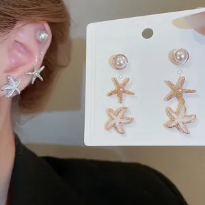 Starfish and pearl earring set with gold finish and white enamel for beach resort style