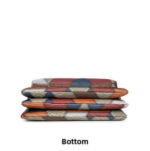 Detailed side and bottom view of colorful faux leather pouches with textured finish