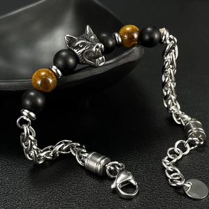 Men's stainless steel bracelet with wolf head, tiger eye stone and black beads