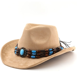 Western Cowboy Hat Vintage Wide Brim Suede Ethnic Beaded Band Turquoise Accent Sun Protection Outdoor For Men Women