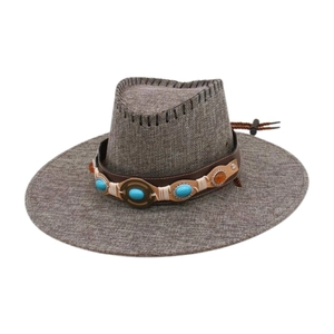Chapeau de cowboy bohème à large bord avec perles turquoise et protection solaire