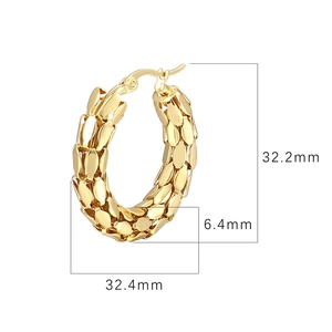 18K gold plated stainless steel snake scale hoop earrings measuring 32mm with woven texture