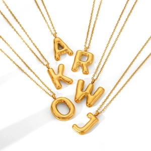 Polished gold stainless steel bubble letter necklaces with 3D initials A R K W O J